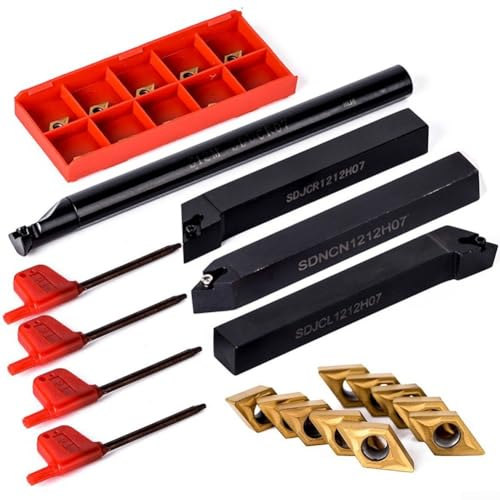 Drehmeißel-Set, 4 Stück 12 mm Drehmaschine Drehwerkzeughalter Bohrstange DCMT + 10 Stück 0702 Hartmetalleinsätze für Halbbearbeitung und Endbearbeitung