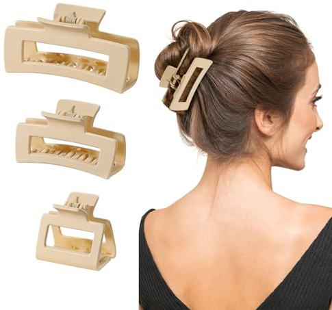 Shinowa Lot de 3 Pinces à Cheveux Antidérapante Femme, Grands Clips Griffes en Plastique, Clips Cheveux en 3 Tailles Grande Moyenne Petite, Accessoires de Cheveux pour Femmes Filles, Beige