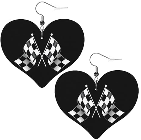 OPSREY Schwarz Weiß Formel Karierte Flaggen Muster gedruckt Mode Leder Ohrringe Drapiert Haken Ohrringe Liebe Herz geformte Ohrringe, Einheitsgröße, Kunstleder
