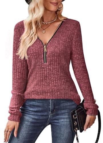 Gemulate Womens Long Sleeve Tops Ladies Lightweight Knit Jumpers V Neck Zipper Sweaters Casual Striped Sweatshirts Tshirt Wine Red Small