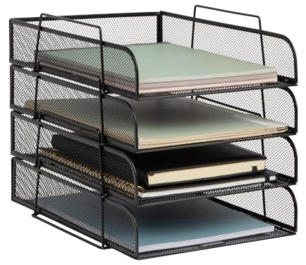 Mind Reader Stackable Paper Tray, Desktop Organizer, File Storage, Office, Metal Mesh, 10.5 L x 13.5 W x 11.25 H, 4 Pcs., Black