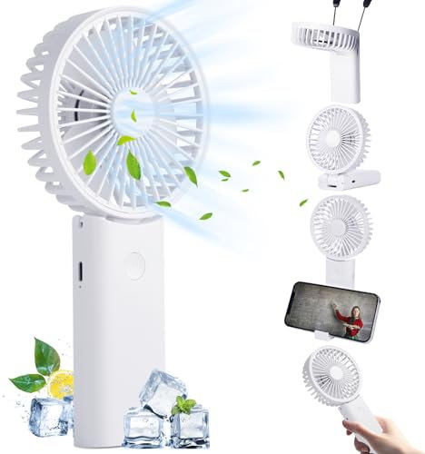 Hianjoo Portable Handheld Fan, 5 in 1 Mini Handheld Fan 4000mAh, 90° Rechargeable Folding Desk Fan, Neck Fan, 3 Adjustable Speeds with Phone Holder Base, Personal Fan for Indoor, Outdoor (White)