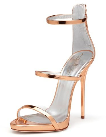 Sandales à Talons Hauts à Bout Ouvert Sandales habillées à lanières et Fermeture éclair en Cuir à tête Ronde Couleur Chair Escarpins fête Classiques Chaussures Quotidiennes,Rose Gold,44 EU
