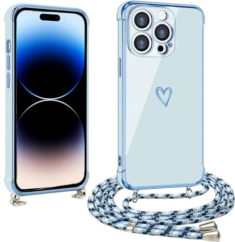 vumebao Funda para iPhone 14 Pro Max con Cuerda, Anti-Choque Anti-Arañazos Carcasa Silicona Case con Ajustable Correa Colgante Suave TPU Silicona compatible con iPhone 14 Pro Max Funda-Azul