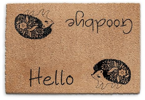 Hairyworm Flower Hedgehog Doormat (40cm x 60cm) Small, Hello Goodbye Welcome Front Door Mat, Coconut Core Fibre Heavy Duty Mat, Rug, Indoor Natural Coir Mat, Regular