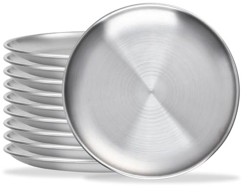 Akamino 10 Pcs 8 Inch Metal Plates,20 cm Round Stainless Steel Serving Platter Plates,Unbreakable Dinner Dishes,Rust Resistant Silver Camping Plate Tray for Food,Barbecue,Picnics and Outdoor