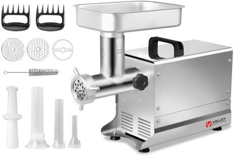 Valley Sportsman #22 Stainless Steel Meat Grinder, 1HP 750W Heavy Duty Sausage Stuffer with 4.5mm/10mm Grinding Plates, Sausage Tubes and Meat Tenderer, Ideal for