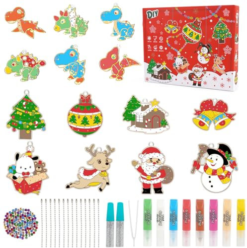 DIY Crystal Paint Arts and Crafts Set, 14 Pièces Peinture en Cristal DIY de Noël, Kit Peinture Enfant, Pendentif de Peinture de Couleur Cristal Sans Colle, Kit de Bricolage de Noël pour Enfants