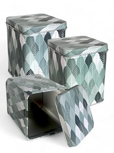 vienberg 3 Stück Blech Geschenkdose | Metall Keksdose, Teedose, Vorratsdose Quadratisch mit Motive 11cm hoch, Geschenkbox, Stülpdeckeldose Metall Aufbewahrungsbox (Wald)