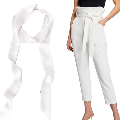 QIUMING Damen Satin Gürtel, Skinny, Vintage Elegant, Weiß, One Size, Satin/100%, Bund mit Tunnelzug, Frauen und Mädchen, Accessory, Damen, Gürtel, 5cm x 200 cm