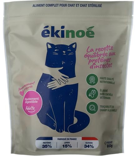 Croquettes Hypoallergéniques pour Chat et Chat Stérilisé, Adulte ou Senior - Recette Équilibrée aux Protéines d'Insectes, fabriquée en France - Sac 900g