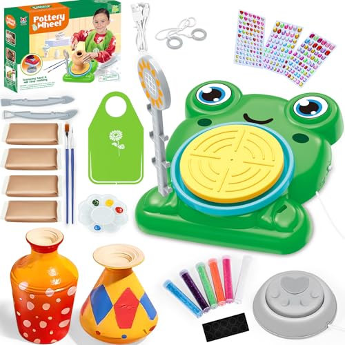 JONRRYIN Töpferset für Kinder, Töpferscheibe Elektrisch, Mini Töpferscheibe mit Töpferton, Farben, Diamant Aufkleber, DIY Bastelset Geschenke für Anfänger, Kinder ab 6 Jahren (Grün)