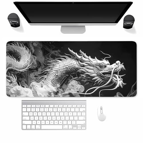 Grand Tapis de Souris de Jeu Animal Dragon Gris, Tapis de Souris XXL 1500x800x3mm, Mat de Claviers étendu avec Bords Cousus, Facile à Nettoyer, pour Souris Claviers Gamer Bureau