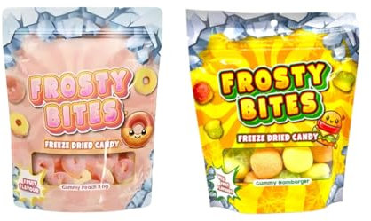 2 x Gefriergetrocknete Süßigkeiten - Freeze Dried Candy - Hamburger - Pfirsichringe - 50 g