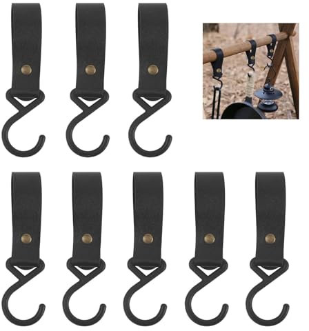 Jinsion 8 Stück Schwarz S Haken mit Lederschlaufe Leder & Nylon Modern/Elegant Haken für Kleiderstange Küche Bad Camping