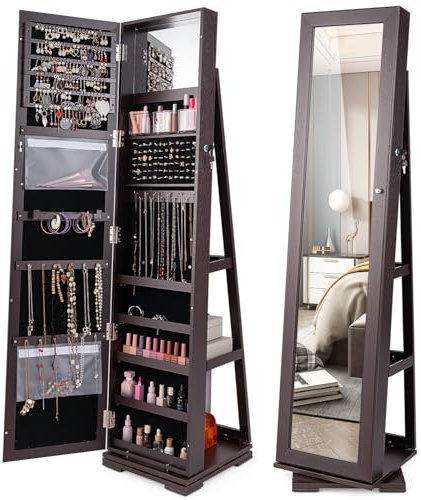 HOMASIS Schmuckschrank mit Spiegel & Leiterregal, 360°drehbarer Schmuckregal mit großem Stauraum aus Holz, abschließbarer Spiegelschrank mit Kettenhaken & Ringverschluss, 38x38x161 cm (Dunkelbraun)