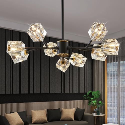 Moderne Kristall Kronleuchter, Schwarze und Gold Vintage Hängeleuchte, Pendelleuchte Esstisch 9 Flammig, Luxus K9 Kristall Sputnik Kronleuchter für Esszimmer Küche Schlafzimmer