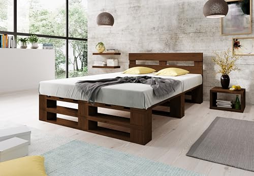 Lermowood Palettenbett M2 aus Holz 140 x 200 cm Palisander mit Kopfteil Holzbett 30cm Stabiles Seniorenbett Kinderbett Jugendbett Gästebett erhöhtes Einzelbett Bettgestell Futon Komforthöhe Naturholz