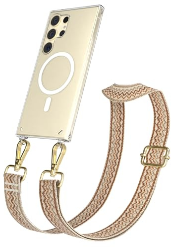 EAZY CASE Handykette - Verstellbares Taschenband kompatibel mit Galaxy S24 Ultra, Schulterriemen, Handykordel mit Silikon Hülle, Qi Charging kompatibel, Umhängetasche, Wellen - Beige Braun Metall Gold
