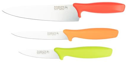 Rockingham Forge 3 Piece 8007 Essentials Range Household Knife Set, Includes 9cm Paring Knife, 12cm Utility Knife & 20cm Chef’s Knife, Green, Orange and Red Handles