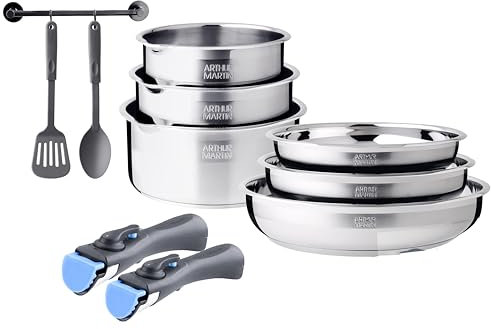 Arthur Martin, Ensemble de Cuisine 10 pièces en Acier Inoxydable - 3 Poêles (20-22-26 cm) et 3 Casseroles (16-18-20 cm) + Ustensiles, Poignées Ergonomiques, Tous Feux Induction, Graduation Intérieure