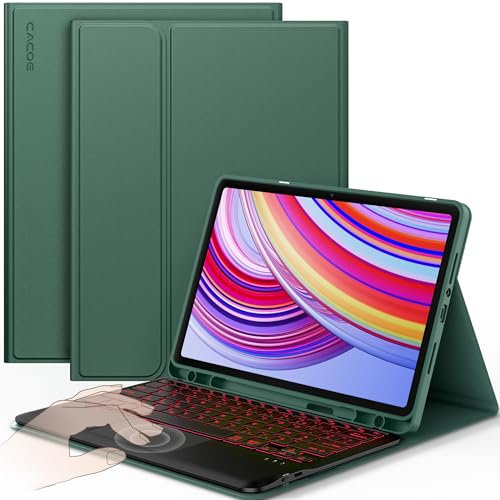 CACOE Custodia tastiera compatibile con Redmi Pad Pro 12.1 / Xiaomi Poco Pad 12.1 2024 con touchpad, illuminazione a 7 colori, senza fili rimovibili [AZERTY Frances], verde scuro