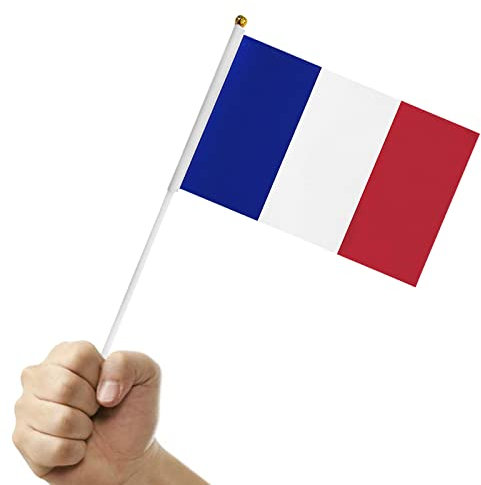 50Pcs Petit Drapeaux Français Mini Drapeau de France Drapeau à main Tricolore Bleu Blanc Rouge pour Jardin Décoration Fête Célébration 14 * 21 CM