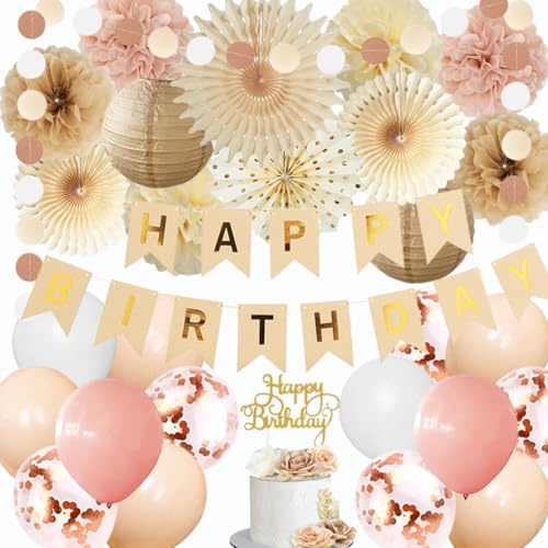 Geburtstagsdeko Mädchen Frauen Beige Rosa Boho Geburtstag Party Deko Rosa Beige Luftballons Papierfächer Pompons Papierlaternen Happy Birthday Girlande für Neutral Geburtstagsparty Deko