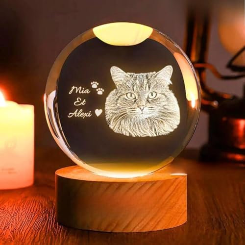 Bola de cristal 3D personalizada para mascotas con base de luz LED, luz nocturna personalizada, bola de fotos de cristal 3D, lámpara de regalo de boda, pareja, padres, fotos de mascotas, regalos de