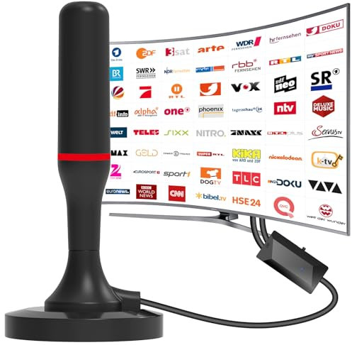 DVB-T/DVB-T2 HD Antenne,TV-Zimmerantenne für Smart-TVs Mit Verstärker und Magnetfuß für 360° HD-Empfang.Unterstützt 4K/1080P - Alle TV-Geräte DAB/UHF/VHF (3 Meter Kabel)