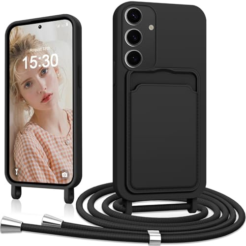 Eherui handyband für Samsung Galaxy S25 / Samsung Galaxy S24 Hülle mit Band,Handyhülle mit Kartenfach,mit Abnehmbar Kordel Kette,Dünn Stoßfeste SchutzHülle,Weich Liquid Silikon Case Handyhülle,Schwarz