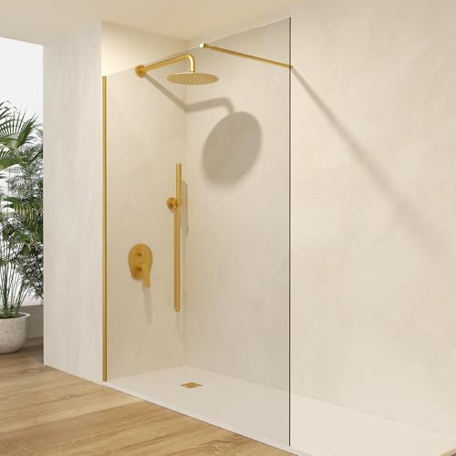 IMEX - Mampara Ducha Fija Dorada 80cm Frontal con Brazo de Sujeción | Mampara de Cristal Antical y Perfilería de Aluminio con 200cm de Altura | Vidrio con Grosor 8mm y Sistema de Montaje Fácil