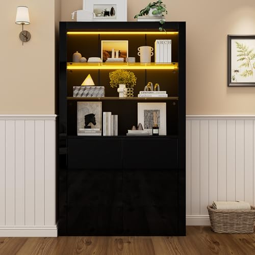 Lcoho 100x35x170cm Schrank,Vitrine Hochglanz Lagerschrank mit LED-Beleuchtung,2Glasboden,2 Schränke,Highboard, Wohnzimmerschrank, Aufbewahrungsschrank, Hochschrank, Sofaschrank (Schwarz)