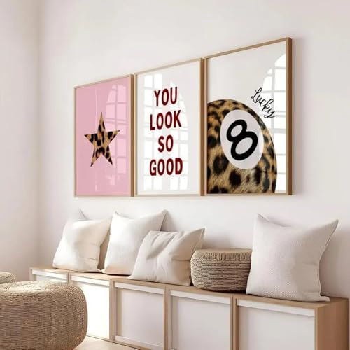 3 Bilder Leopard Rosa 30x40 Poster Y2k Billiard Kugel 8 Sterne Zitate Motivation Sprüche Wandbilder Teenager Zimmer Modern Wand Pop Art Leinwand Kunstdruck Deko Schlafzimmer Mädchen ohne Rahmen