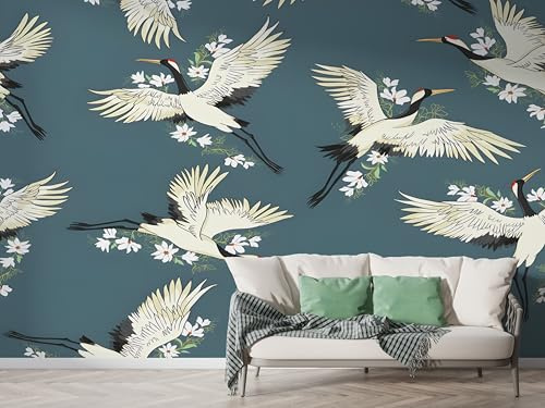 Boceoey Japanese Style Wall Mural, Self-Adhesive Peel & Stick Wallpaper, Crane Flower Design Photo Wallpaper for Living Room & Bedroom (150x100 cm), K-975