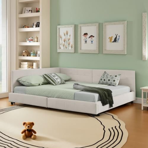 gonew21 60x200 cm Polsterbett mit hoher Lehne, Eckbett weicher Samtbezug, Doppelbett für Paare, Robustes Eukalyptus Gestell, Beige, ohne Matratze