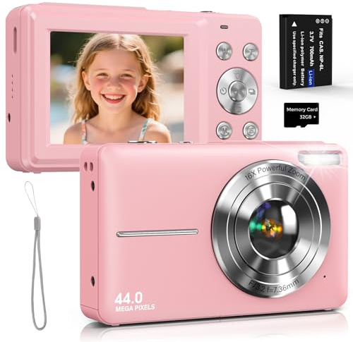Cámara Digital Cámara de Fotos 44MP con Vídeo HD 1080P, Antivibración, Pantalla IPS de 2,4 Pulgadas, Zoom Digital 16X, Tarjeta de 32GB, 1 Batería para Niños y Adolescentes Rosa