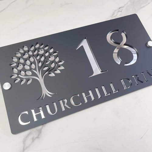 Personalized Modern Acrylic House Sign, Customized Laser Cut House Number Plate,Customized Outdoor House Number Plate (Black Silver,40x20cm)