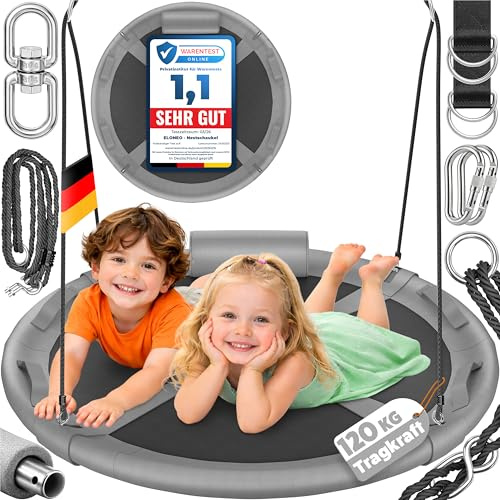 ELONEO Nestschaukel Outdoor & Indoor mit 90 cm Durchmesser | Tellerschaukel bis 120kg belastbar | höhenverstellbare Hängeschaukel inkl. Kissen, Griffen und Zubehör-Set | Premium Schaukel