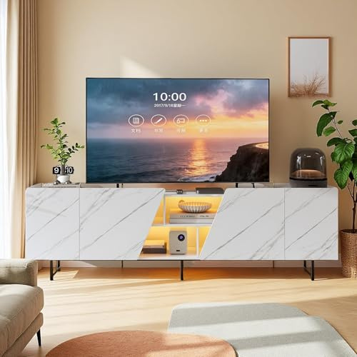 Mobile Porta TV con Illuminazione a LED, Mobile TV in Stile Scandinavo Lungo 220 cm Con Cassetti e Vani a Giorno, Mobile Basso Moderno in Legno, Panca/Tavolino TV per Soggiorno(Bianco, 220X34.5X67.7)
