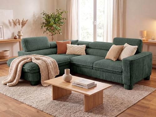 BROMARKT Ecksofa mit Schlaffunktion und Bettkasten L-Form Links Dunkelgrün | Wohnlandschaft mit Stauraum und verstellbaren Kopfstützen Eckcouch Sofa Sofabett mit Kissen Freistehend Cord Sofabed CAVELLO