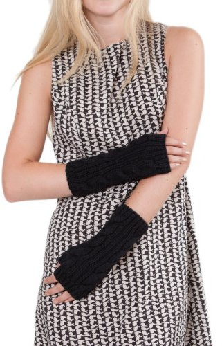 likemary Winterhandschuhe Damen – Fingerlose Merinowolle Handschuhe – Warme Pulswärmer – Hypoallergen & Handgemacht – Ethische Zopfmuster Schwarz