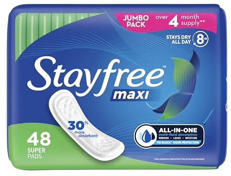 Stayfree Maxi Super Long Pads für Frauen, Flügellos, zuverlässiger Schutz und Saugfähigkeit der weiblichen Perioden, 48 Stück (1 Stück)
