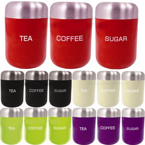 BARGAINS-GALORE 3PC CANISTER SET STAINLESS STEEL COFFEE TEA SUGAR JAR LID CANISTERS STORAGE NEW (RED)
