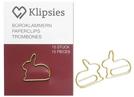 KLIPSIES Hase (Design wählbar) 15 Deko Büroklammern Motiv Heftklammern 1x15 Stück Gold