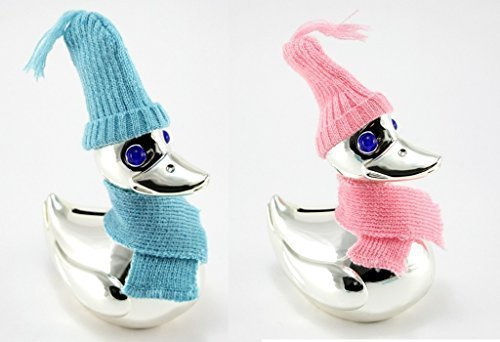 Brillibrum Design Kinder-Spardose Ente Mit Mütze Und Schal In Rosa & Blau Versilbert Anlaufgeschützt Entlein Sparbüchse Tauf-Geschenk