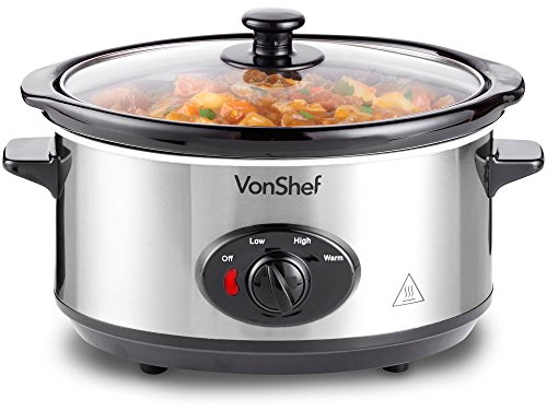 VonShef Mijoteuse 3,5L avec Couvercle en Verre, 3 Réglages de Température et Casserole Amovible pour Nettoyage Facile - Cuisinière pour les Soupes et Ragoûts - Acier Inoxydable