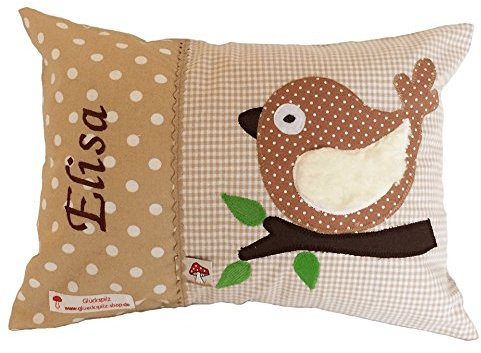 Glückspilz Kuschelkissen Namenskissen Kissen mit Namen personalisiert I Vogel I Farbe wählbar I (Beige)