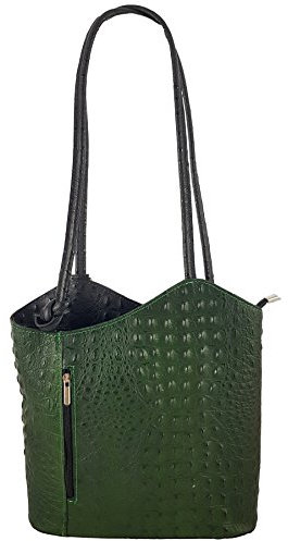 Freyday 2 in 1 Handtasche-Rucksack Henkeltasche aus Echtleder in versch. Designs HR03 (Kroko Grün-Schwarz)