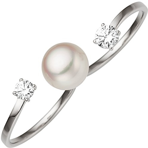 Jobo Damen Zweifinger Ring 333 Gold Weißgold 1 Süßwasser Perle 2 Zirkonia Perlenring Größe 56